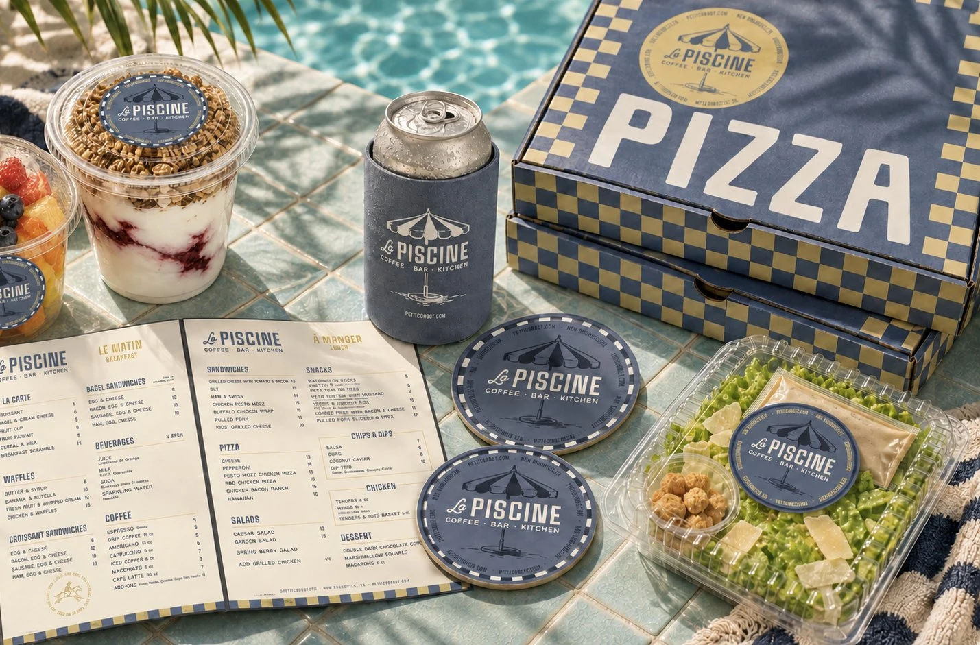 La Piscine menu, koozie, coasters & pizza boxes by the pool, branding by French Cowboys Design