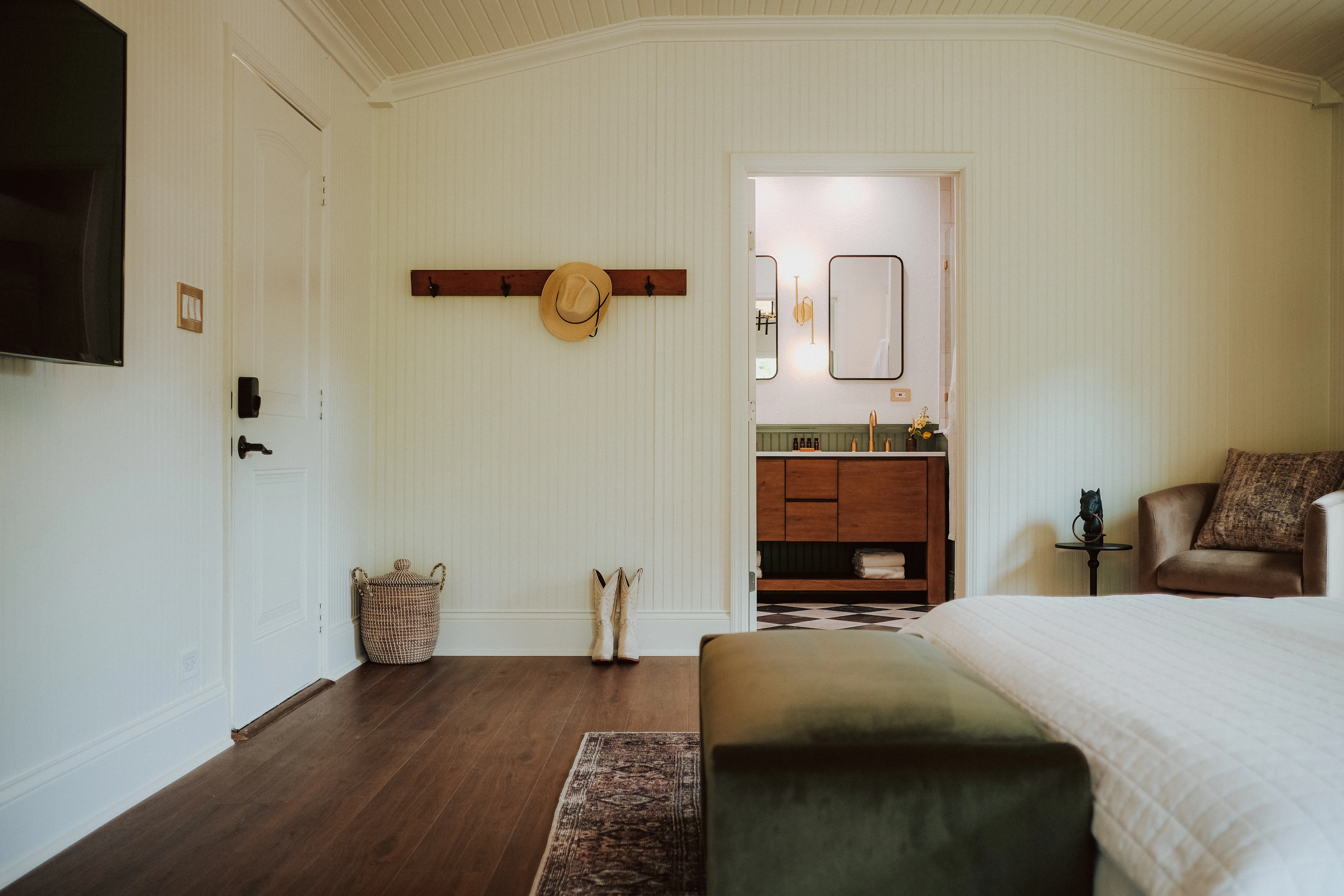 French doors open to the porch at The Meyer, hotel in Comfort, Texas